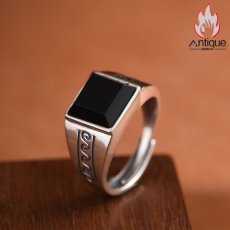 画像5: Antique Jewelry モダンシンプル メンズリング S925 シルバー 角型透かし彫り 光沢仕上げ ブラックオニキス アクセサリー (5)