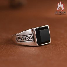 画像6: Antique Jewelry モダンシンプル メンズリング S925 シルバー 角型透かし彫り 光沢仕上げ ブラックオニキス アクセサリー (6)