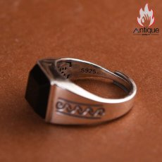 画像7: Antique Jewelry モダンシンプル メンズリング S925 シルバー 角型透かし彫り 光沢仕上げ ブラックオニキス アクセサリー (7)