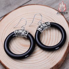 画像2: Antique Jewelry 古藤模様 黒瑪瑙 イヤリング レディース S925 純銀製 おしゃれ 個性派 贈り物に最適 (2)