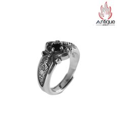 画像1: Antique Jewelry S925 純銀 トゲのバラ ダークスタイル ブラックジルコニア レディースリング オープンリング ファッションアクセサリー (1)