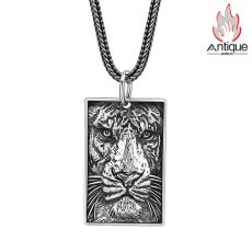 画像1: Antique Jewelry S925 純銀 精巧作り 虎頭角プレートペンダント メンズ シンプルスタイル ゴシック調 ファッションアクセサリー (1)