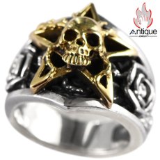 画像1: Antique Jewelry パーソナライズ可能！S925銀製ウェスタン風スカル＆ローズメンズリング、五角星印象的な個性派ジュエリー (1)