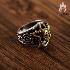 画像2: Antique Jewelry パーソナライズ可能！S925銀製ウェスタン風スカル＆ローズメンズリング、五角星印象的な個性派ジュエリー (2)