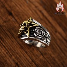 画像3: Antique Jewelry パーソナライズ可能！S925銀製ウェスタン風スカル＆ローズメンズリング、五角星印象的な個性派ジュエリー (3)