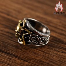 画像8: Antique Jewelry パーソナライズ可能！S925銀製ウェスタン風スカル＆ローズメンズリング、五角星印象的な個性派ジュエリー (8)