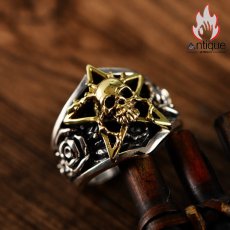 画像9: Antique Jewelry パーソナライズ可能！S925銀製ウェスタン風スカル＆ローズメンズリング、五角星印象的な個性派ジュエリー (9)