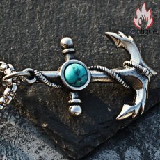 画像6: Antique Jewelry レトロな双面ターコイズとアンカーペンダントネックレス　メンズの個性的なアクセサリー、チタンスチールのネックレスで格好良く決める (6)