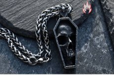 画像6: Antique Jewelry ダークなスカル棺ペンダント メンズ用の個性的なペンダント、レトロチタンスチールセーターチェーン、パンク風アクセサリー (6)