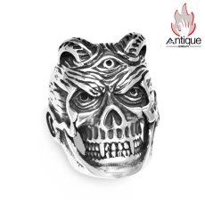 画像1: Antique Jewelry ダークな悪魔神の目スカルリング 男性用 個性的なチタンステンレススチール製指輪、欧米風のスタイルに合わせておしゃれを楽しめるアクセサリー (1)