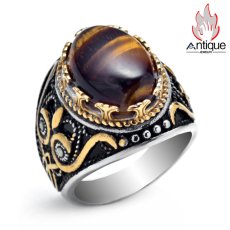画像1: Antique Jewelry 男性向けのレトロ風の彫刻入り虎眼石指輪。文芸的で個性的、潮流に合うタイタンスチールの食指リング (1)