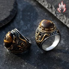 画像10: Antique Jewelry 男性向けのレトロ風の彫刻入り虎眼石指輪。文芸的で個性的、潮流に合うタイタンスチールの食指リング (10)