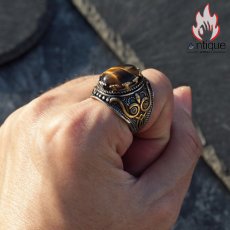 画像12: Antique Jewelry 男性向けのレトロ風の彫刻入り虎眼石指輪。文芸的で個性的、潮流に合うタイタンスチールの食指リング (12)