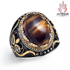 画像2: Antique Jewelry 男性向けのレトロ風の彫刻入り虎眼石指輪。文芸的で個性的、潮流に合うタイタンスチールの食指リング (2)