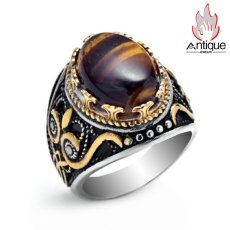 画像3: Antique Jewelry 男性向けのレトロ風の彫刻入り虎眼石指輪。文芸的で個性的、潮流に合うタイタンスチールの食指リング (3)