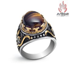 画像4: Antique Jewelry 男性向けのレトロ風の彫刻入り虎眼石指輪。文芸的で個性的、潮流に合うタイタンスチールの食指リング (4)
