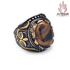 画像5: Antique Jewelry 男性向けのレトロ風の彫刻入り虎眼石指輪。文芸的で個性的、潮流に合うタイタンスチールの食指リング (5)