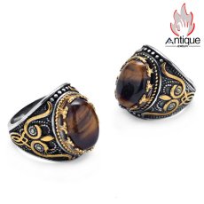 画像6: Antique Jewelry 男性向けのレトロ風の彫刻入り虎眼石指輪。文芸的で個性的、潮流に合うタイタンスチールの食指リング (6)