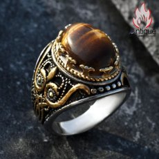 画像8: Antique Jewelry 男性向けのレトロ風の彫刻入り虎眼石指輪。文芸的で個性的、潮流に合うタイタンスチールの食指リング (8)