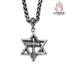 画像1: Antique Jewelry ヒップホップ個性的な十字架と六芒星ネックレス メンズ 嘻哈風レトロチタン鋼ペンダント INSスタイルネックレス (1)