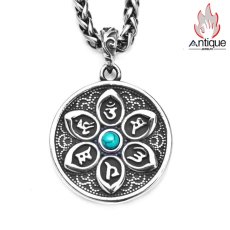 画像1: Antique Jewelry メンズネックレス レトロデザイン 両面彫り 蓮花 & 六字真言 チタンスチールペンダント (1)