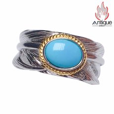 画像1: Antique Jewelry 高品質のグリーンターコイズを使用した、女性用のS925銀羽毛デザインリング、天然石の美しさが光る高輝度のブルーターコイズをセット、高品位の天然石アクセサリー (1)