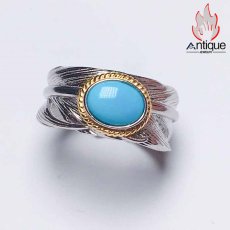 画像2: Antique Jewelry 高品質のグリーンターコイズを使用した、女性用のS925銀羽毛デザインリング、天然石の美しさが光る高輝度のブルーターコイズをセット、高品位の天然石アクセサリー (2)