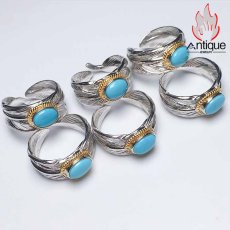 画像4: Antique Jewelry 高品質のグリーンターコイズを使用した、女性用のS925銀羽毛デザインリング、天然石の美しさが光る高輝度のブルーターコイズをセット、高品位の天然石アクセサリー (4)