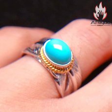 画像6: Antique Jewelry 高品質のグリーンターコイズを使用した、女性用のS925銀羽毛デザインリング、天然石の美しさが光る高輝度のブルーターコイズをセット、高品位の天然石アクセサリー (6)