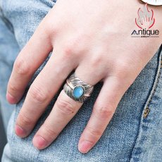 画像7: Antique Jewelry 高品質のグリーンターコイズを使用した、女性用のS925銀羽毛デザインリング、天然石の美しさが光る高輝度のブルーターコイズをセット、高品位の天然石アクセサリー (7)