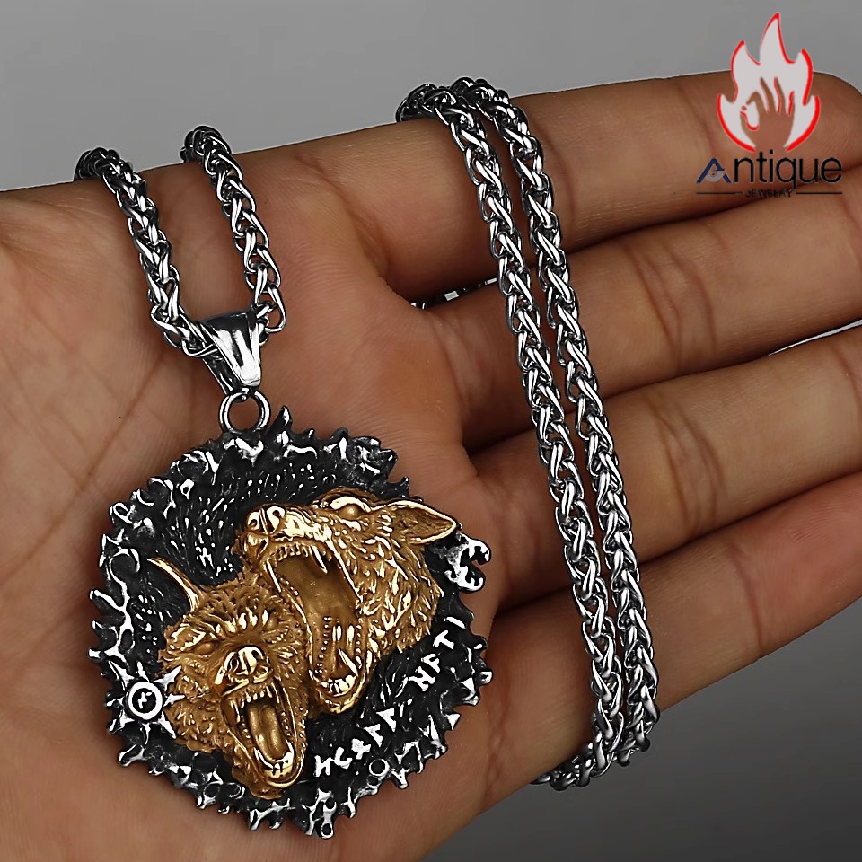 ヴィキングの勇気を身に纏う｜ダブルウルフヘッド チタンスチールペンダント 欧米風パンクスタイル メンズファッショナブルネックレス