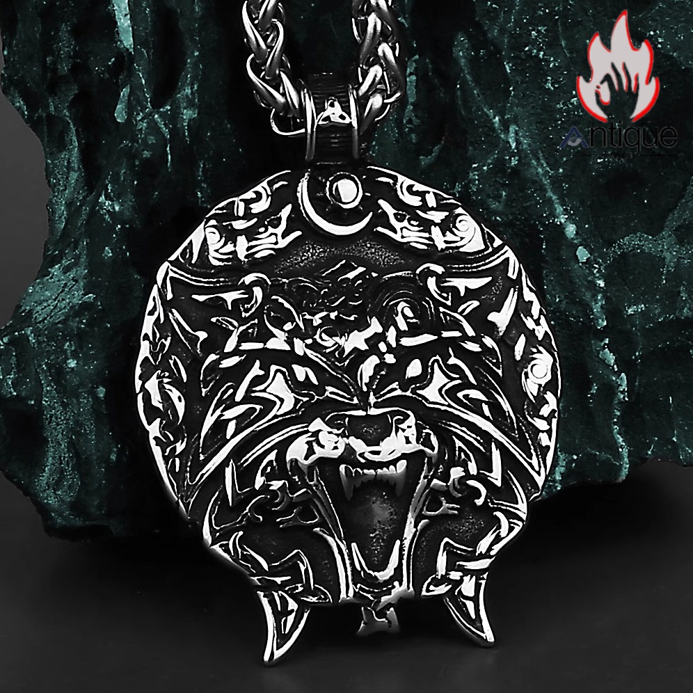ヴァイキングヴィンテージ風 ウルフヘッドルーン チタン鋼ペンダント｜高級感溢れる個性的メンズネックレス