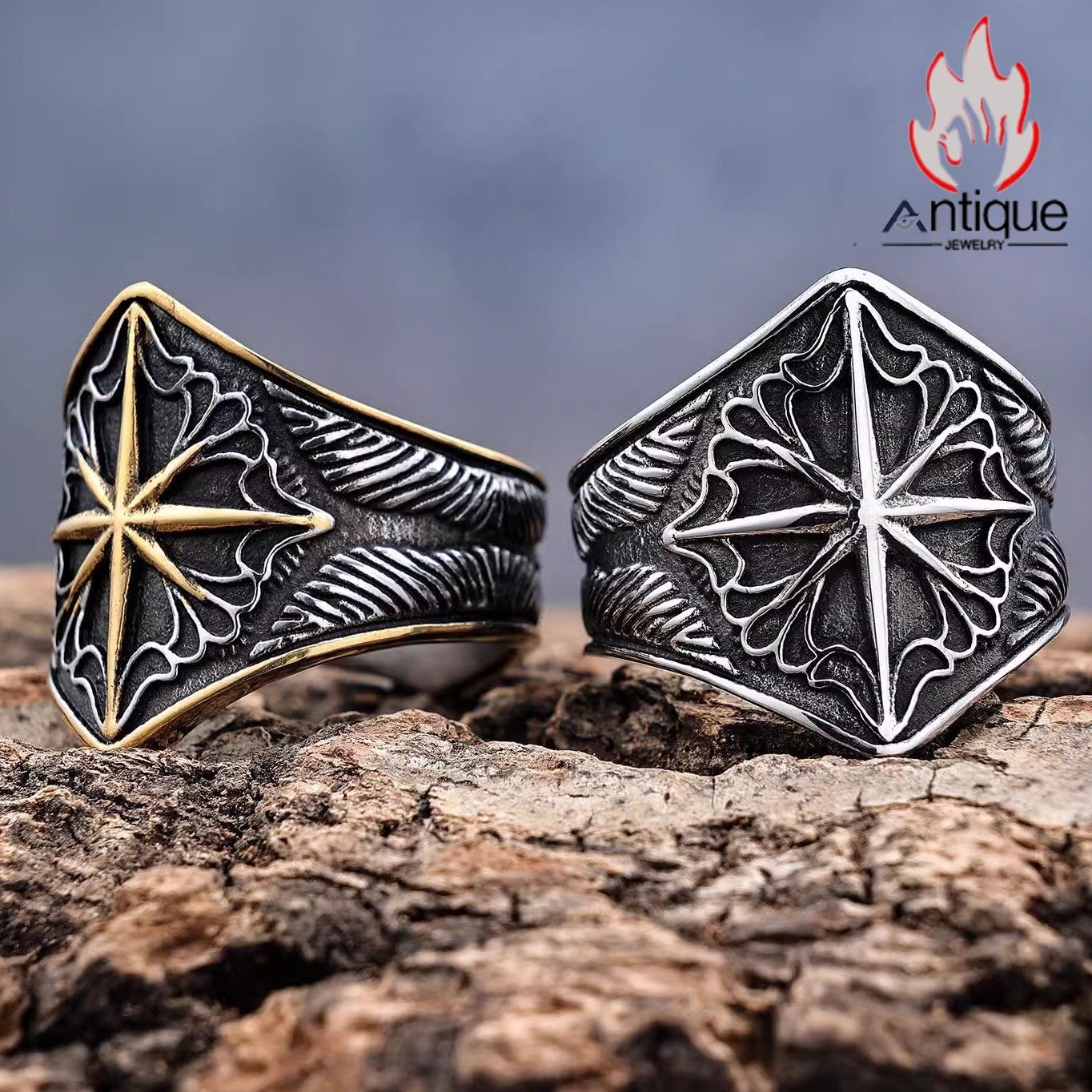 北欧風ヴァイキング八芒星チタンリング｜個性的なファッショナブルアクセサリー