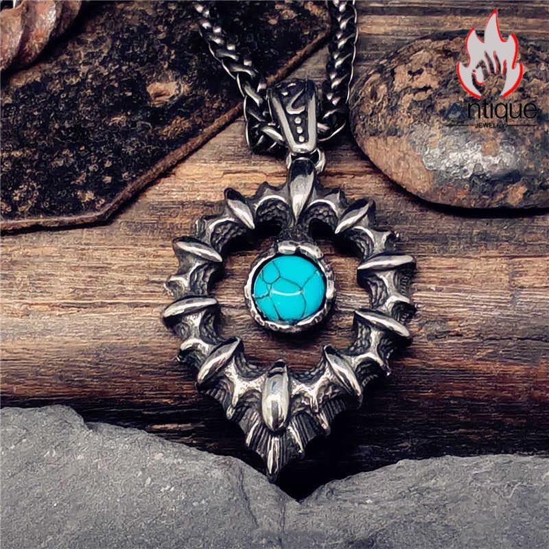 レトロ フレイムハート ブルーストーン チタン鋼ペンダントネックレス