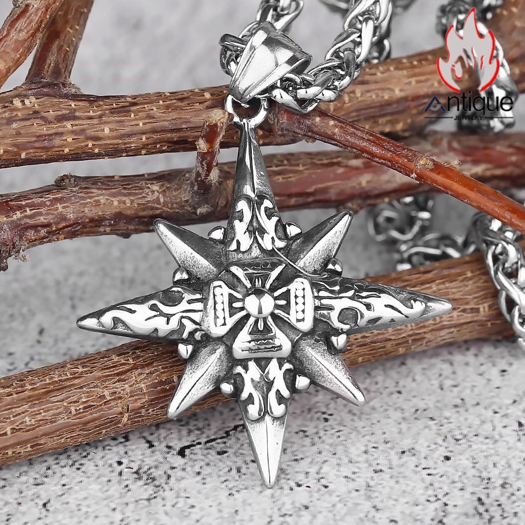 ✨八角星コンパスクロスペンダント チタン鋼製 カップルネックレス 個性的高級感デザイン