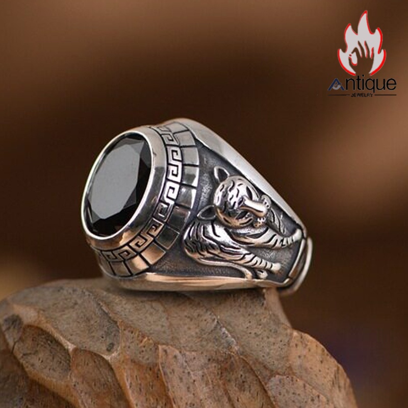 個性派必見！青龍白虎彫刻 ブラックオニキス S925 メンズオープンリング