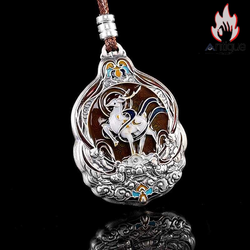 S999 シルバー 九色鹿 焼藍ペンダントネックレス レディース 個性的ヴィンテージデザイン 伝統工芸 お守りジュエリー