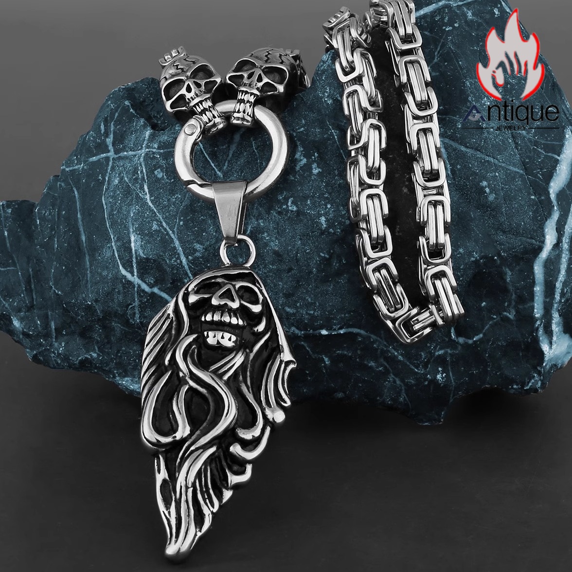 ヴィンテージ調 死神ドクロモチーフ チタンスチールネックレス 欧米風 男女兼用 ゴシック個性アクセサリー