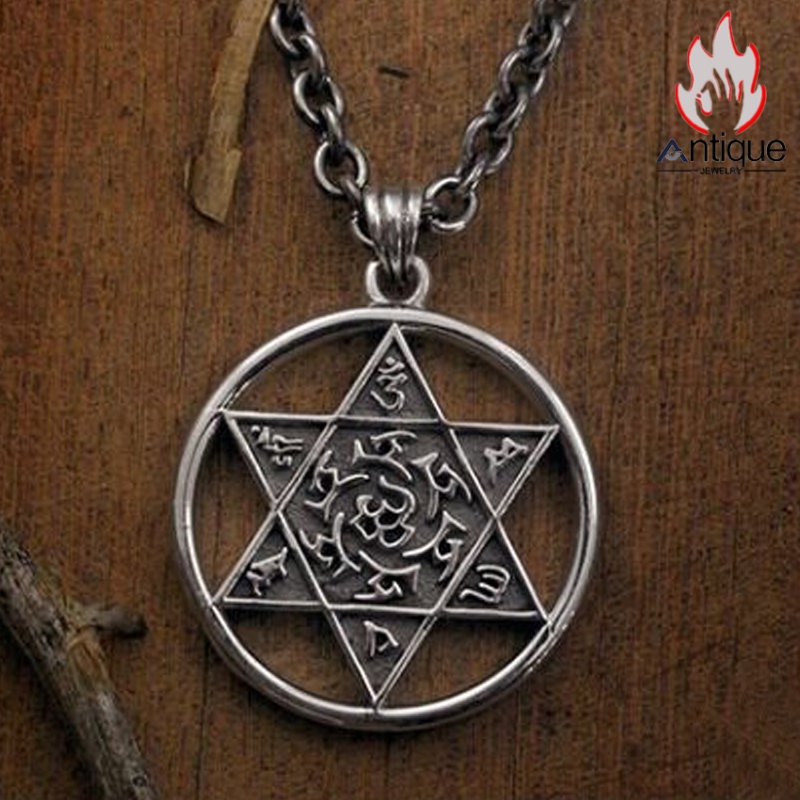 S925 シルバー製 六字真言彫刻 ヘキサグラムペンダント ヴィンテージ風ゴシックネックレス 男女共用