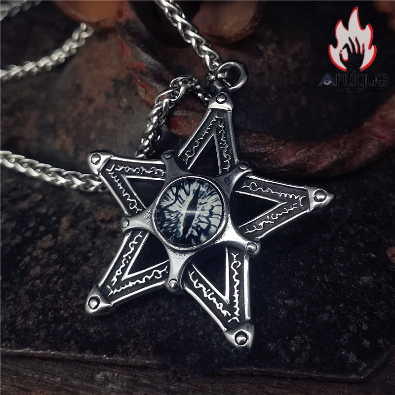 古魔オリジナル 魔瞳 × 五芒星モチーフネックレス チタンスチール製 レトロパンクヒップホップメンズアクセサリー