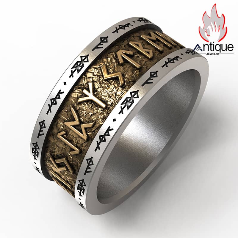 Antique Jewelry ヴァイキング文字 アルファベット シルバーリング  925スターリングシルバーリング、シルバーと銅の個性的なヨーロッパ風ビンテージリング