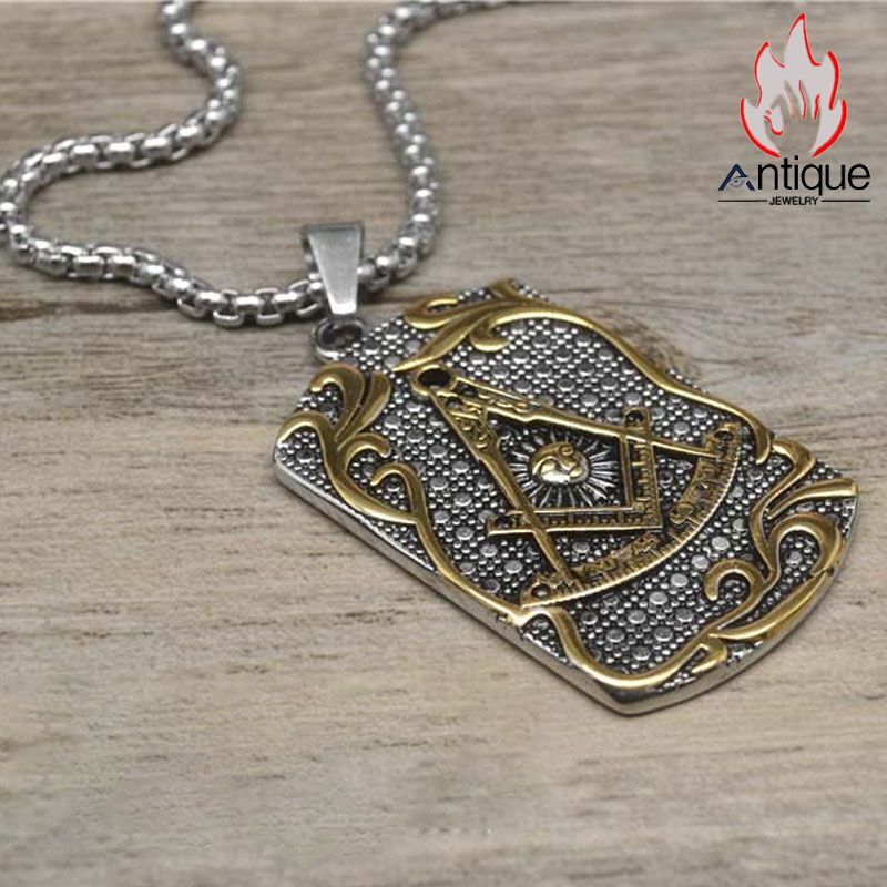 画像4: Antique Jewelry フリーメイソン レトロ ジルコニア ペンダント チタン鋼 ネックレス メンズ ヒップホップ HIPHOP (4)
