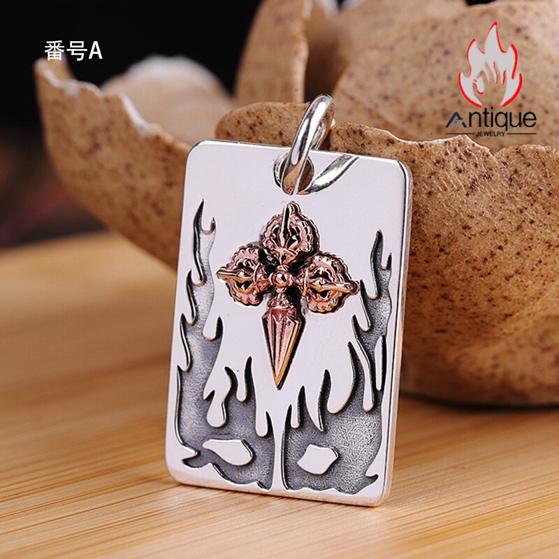 画像2: Antique Jewelry S925 シルバー 精巧な金剛杵デザインペンダント 光沢降魔杵プレート メンズネックレス シンプルヴィンテージ (2)