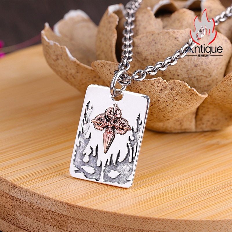 画像4: Antique Jewelry S925 シルバー 精巧な金剛杵デザインペンダント 光沢降魔杵プレート メンズネックレス シンプルヴィンテージ (4)