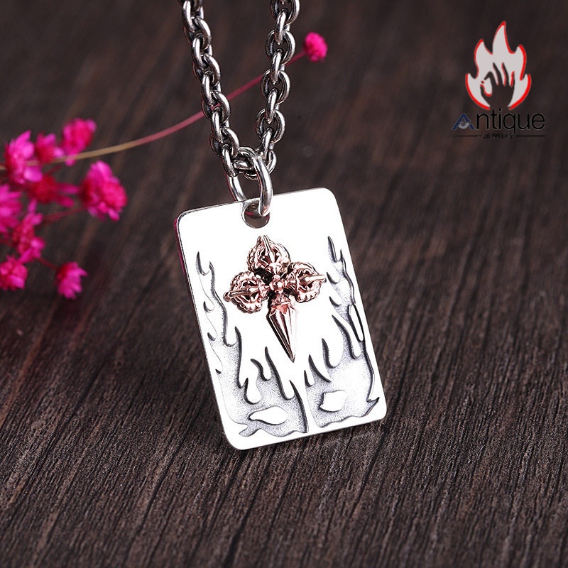 画像5: Antique Jewelry S925 シルバー 精巧な金剛杵デザインペンダント 光沢降魔杵プレート メンズネックレス シンプルヴィンテージ (5)