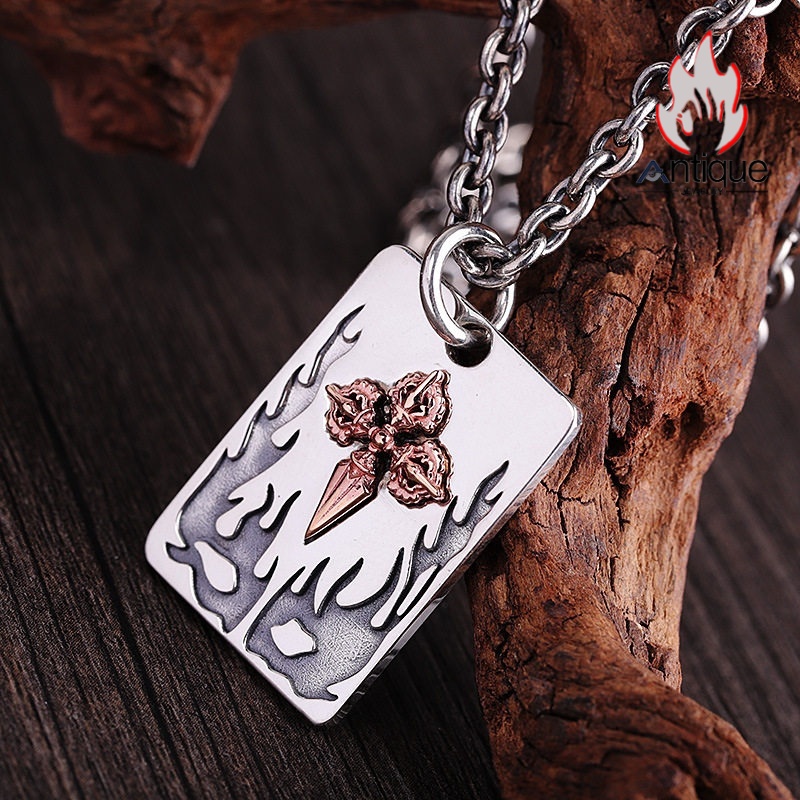 画像6: Antique Jewelry S925 シルバー 精巧な金剛杵デザインペンダント 光沢降魔杵プレート メンズネックレス シンプルヴィンテージ (6)