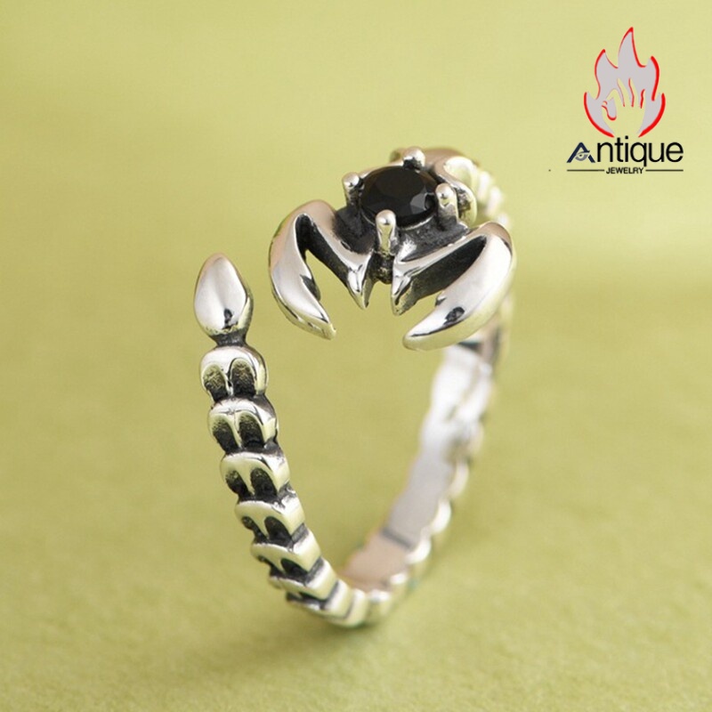 画像5: Antique Jewelry S925 シルバー シンプルなさそりデザイン 蠍座オープンリング オニクス付き ユニセックス (5)